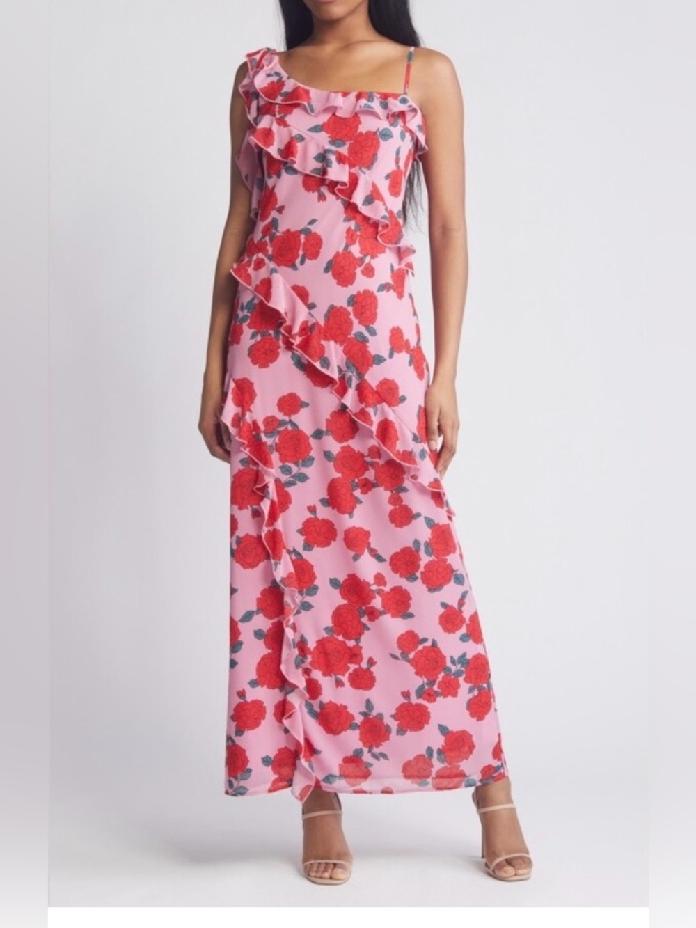 Wayf Pink Dress with Red Rose Print Size Small